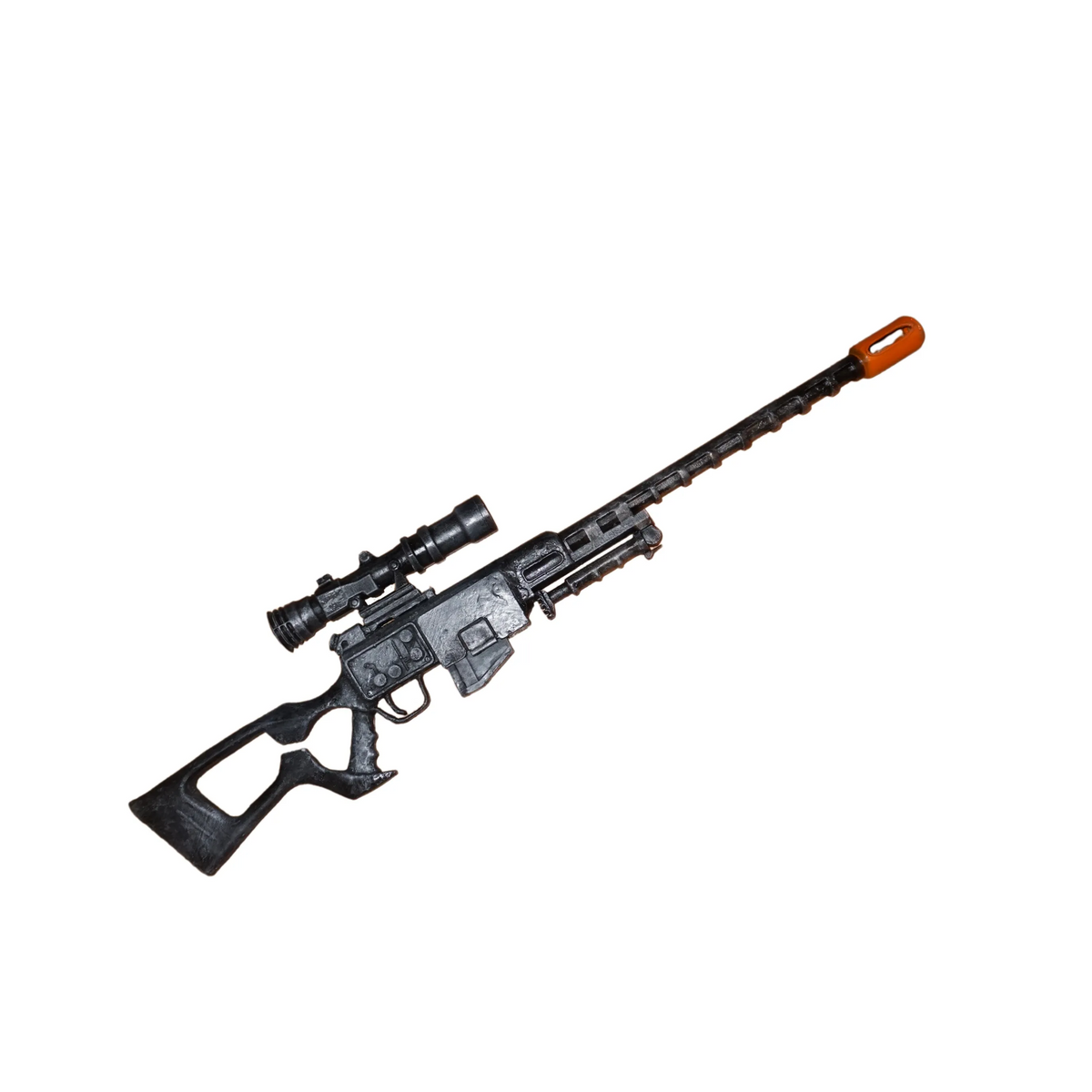 A toy gun with a scope and orange tip is shown against a white background.