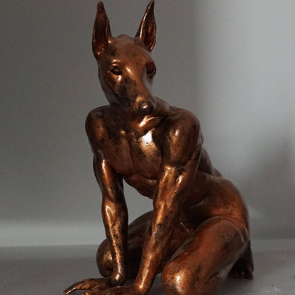 Antique Bronze Doberman Statue | Muscular Dog Sculpture | Anthropomorphic Canine Figurine | Fantasy Animal Art | Unique Dog Lover Decor