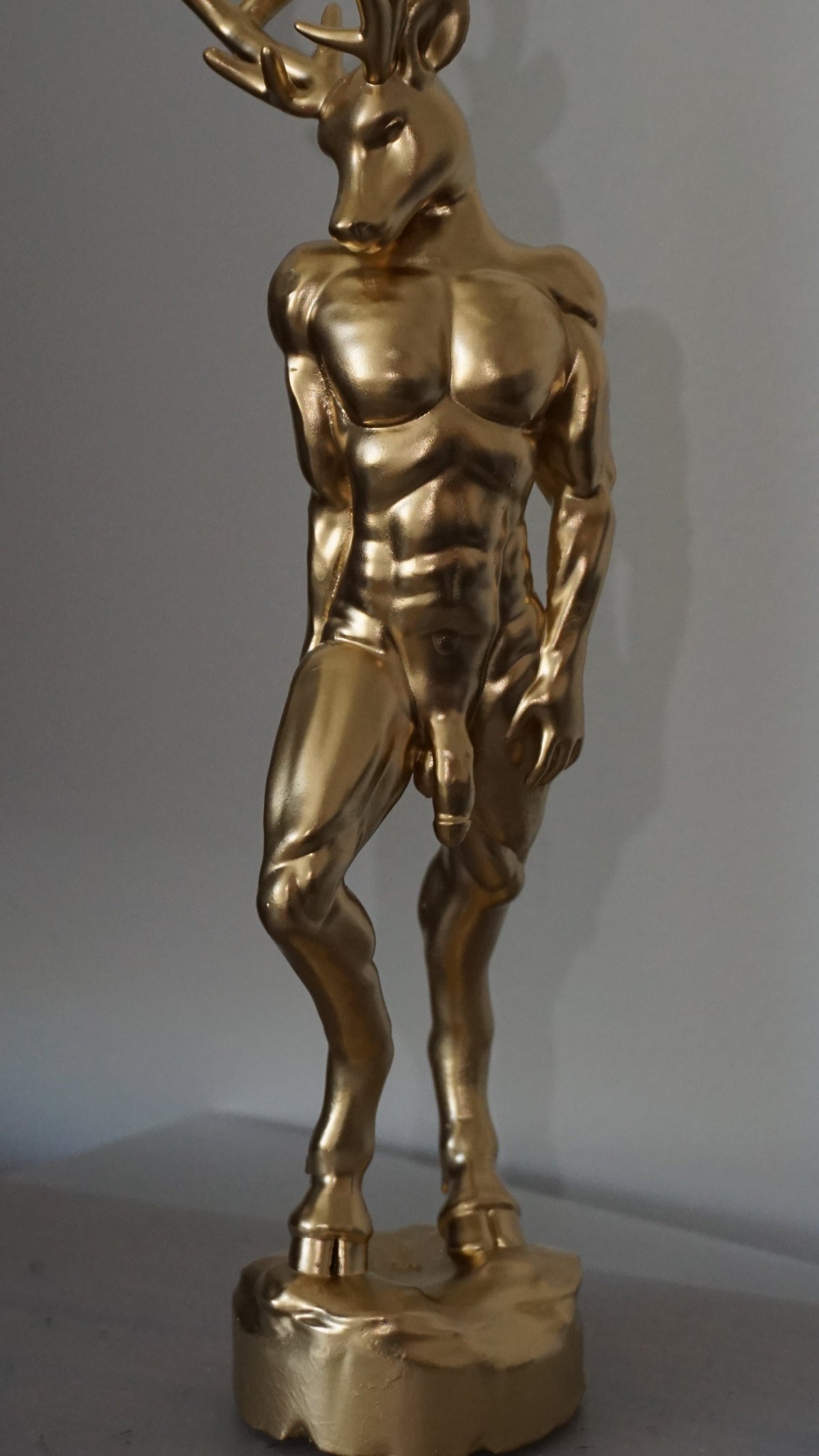 Gold Deer Man Statue | Sensual Nude Stag Sculpture | Muscular Male Deer Figurine | Anthropomorphic Fantasy Art | Gothic Nature Decor