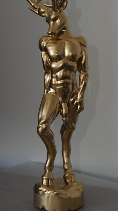 Gold Deer Man Statue | Sensual Nude Stag Sculpture | Muscular Male Deer Figurine | Anthropomorphic Fantasy Art | Gothic Nature Decor