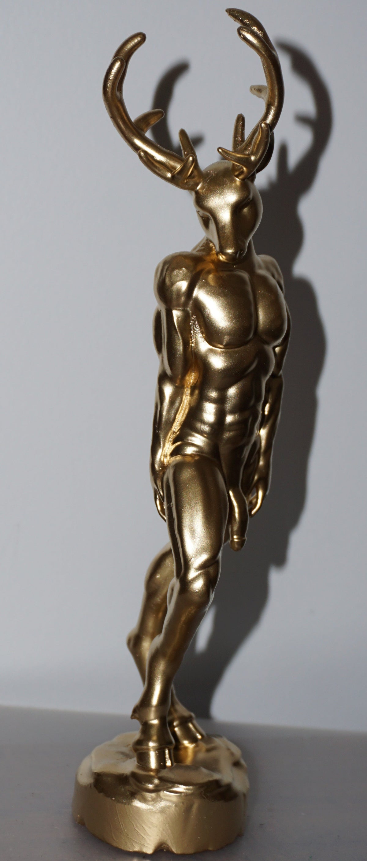 Gold Deer Man Statue | Sensual Nude Stag Sculpture | Muscular Male Deer Figurine | Anthropomorphic Fantasy Art | Gothic Nature Decor