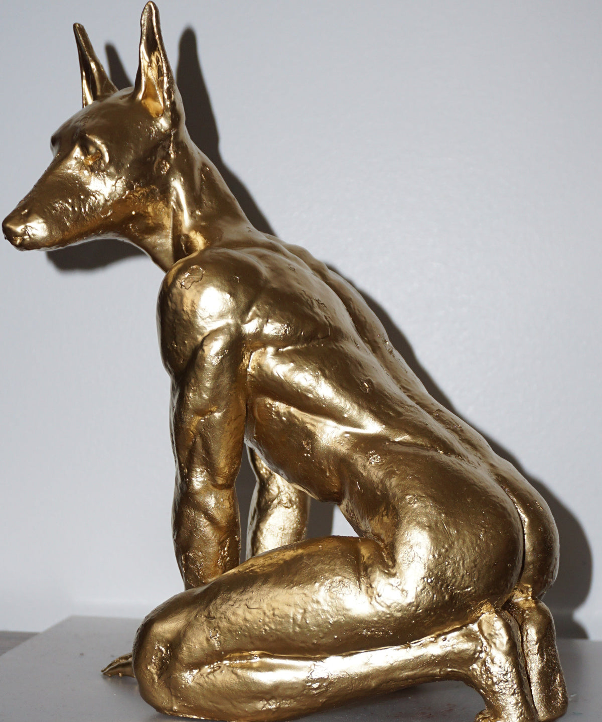 Gold Doberman Statue | Muscular Dog Sculpture | Anthropomorphic Canine Figurine | Modern Animal Art | Unique Gold Dog Decor