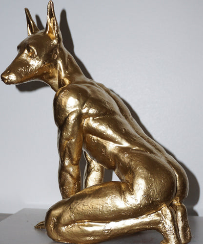 Gold Doberman Statue | Muscular Dog Sculpture | Anthropomorphic Canine Figurine | Modern Animal Art | Unique Gold Dog Decor