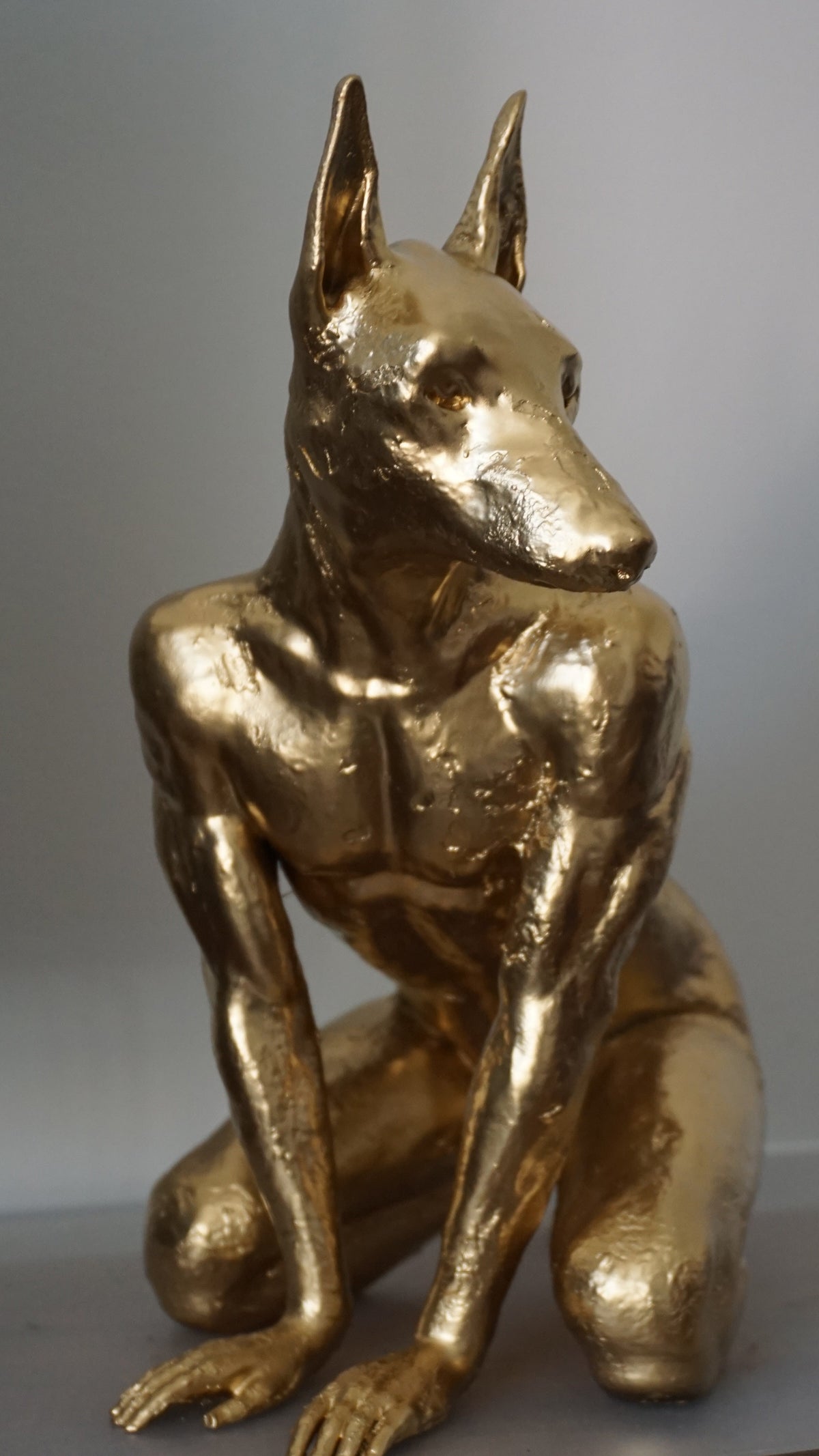 Gold Doberman Statue | Muscular Dog Sculpture | Anthropomorphic Canine Figurine | Modern Animal Art | Unique Gold Dog Decor