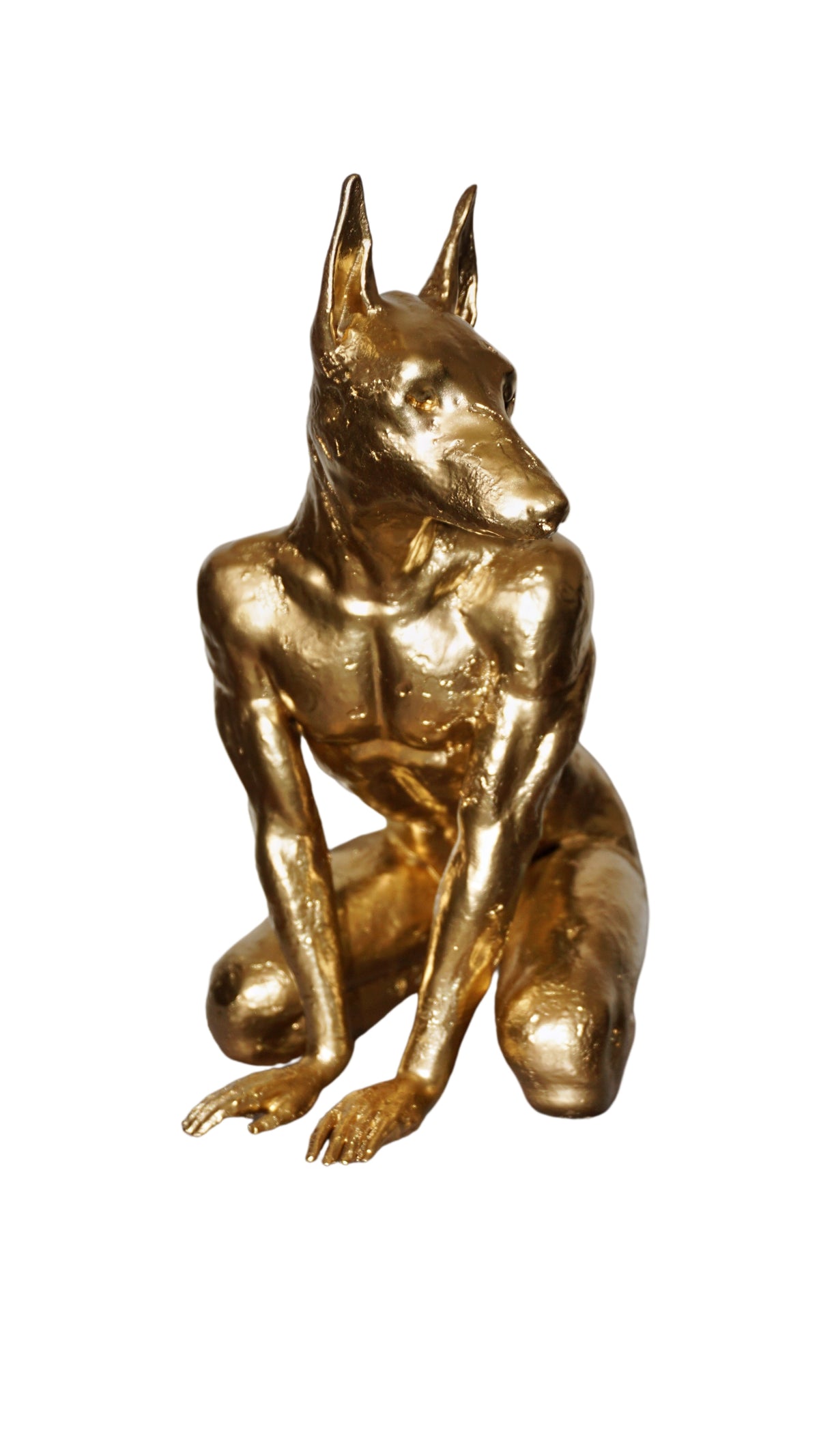 Gold Doberman Statue | Muscular Dog Sculpture | Anthropomorphic Canine Figurine | Modern Animal Art | Unique Gold Dog Decor
