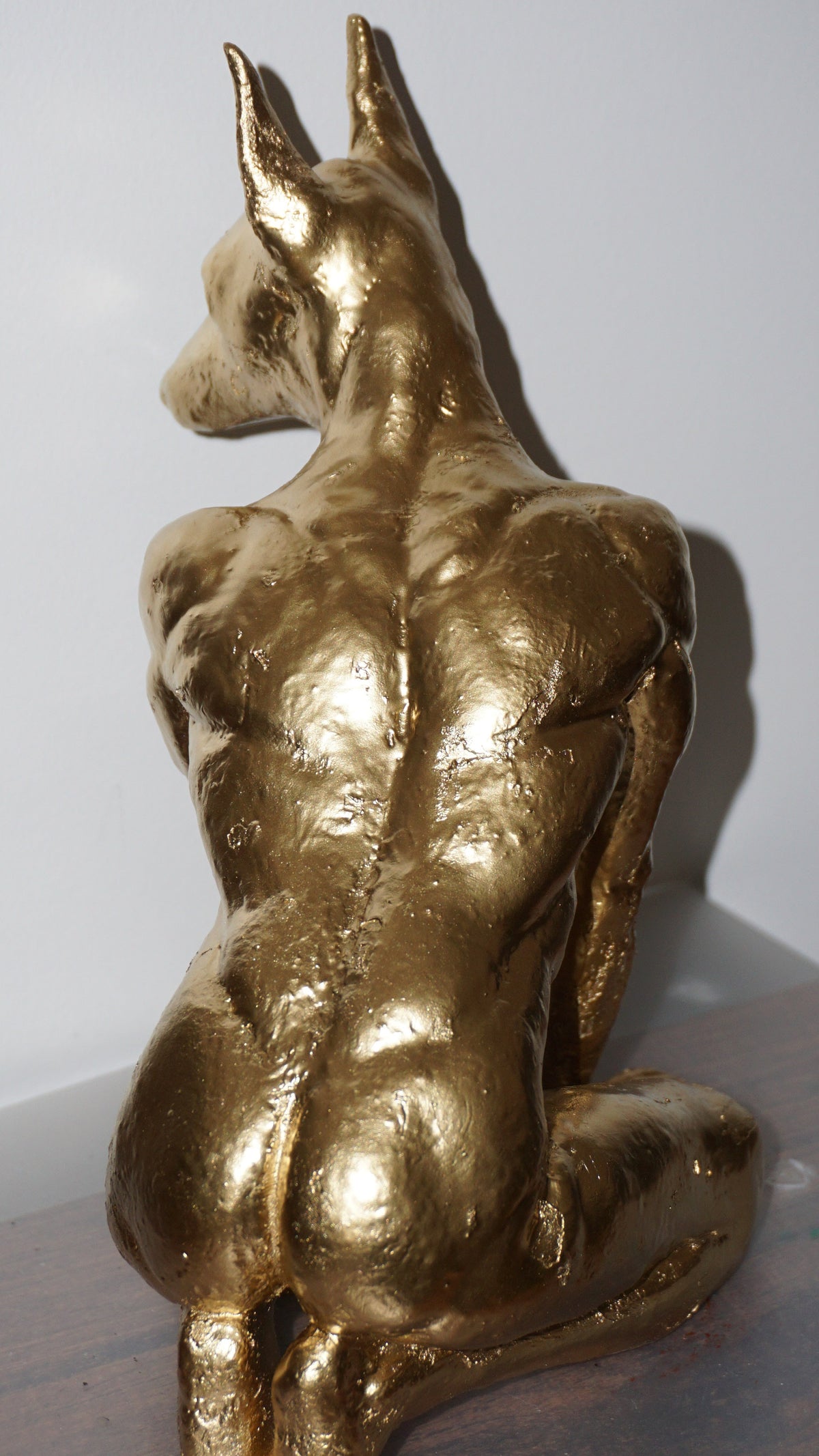 Gold Doberman Statue | Muscular Dog Sculpture | Anthropomorphic Canine Figurine | Modern Animal Art | Unique Gold Dog Decor